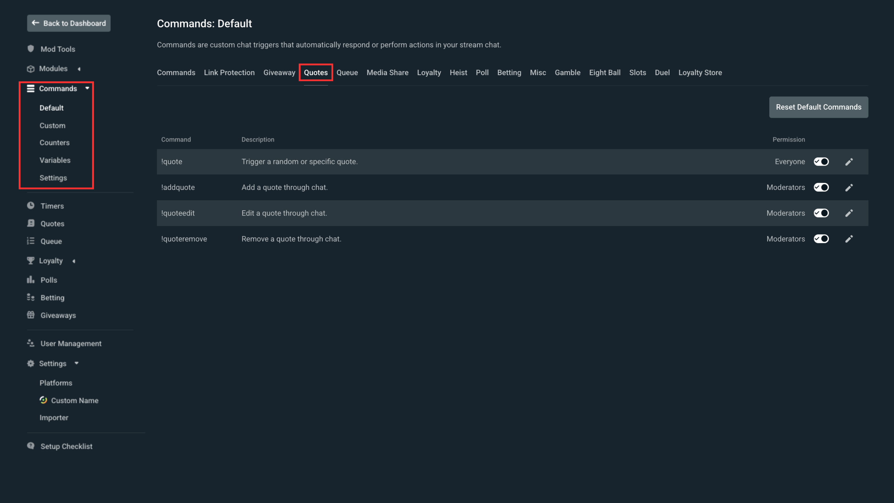 Quotes settings for commands in Cloudbot